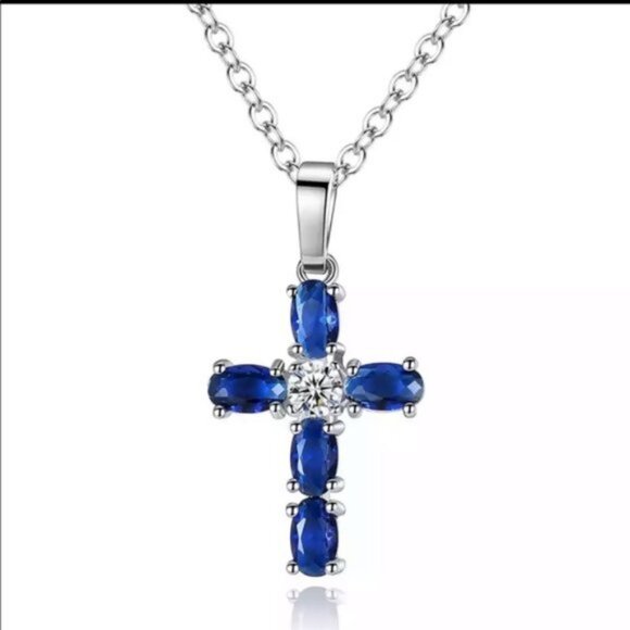 New Blue Cubic Zirconia Cross Pendant Necklaces - Picture 1 of 1